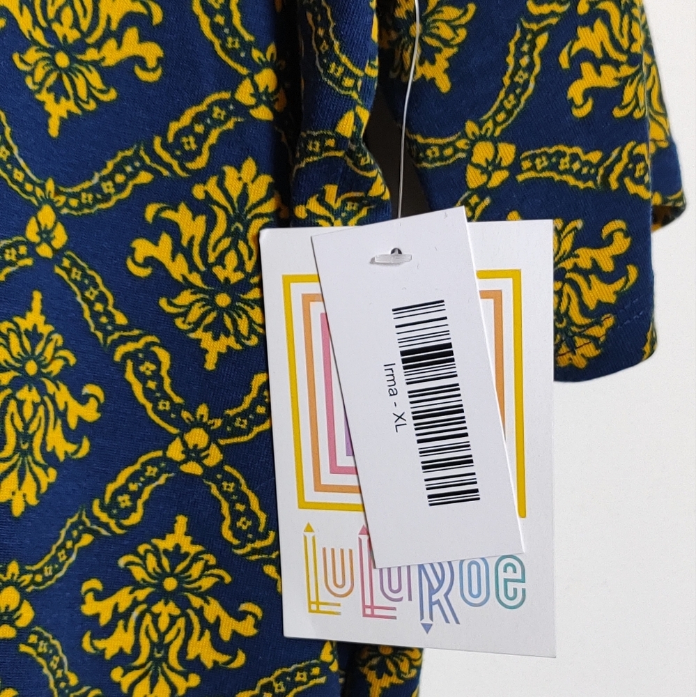 Lularoe Irma Elegant Blue and Yellow Patterned Women's Top - Picture 4 of 5